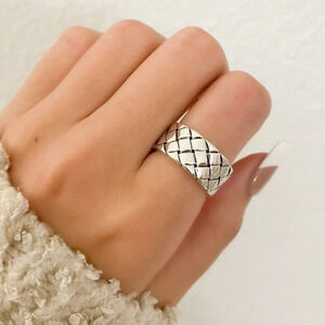 925 Sterling Silver Chunky Ring Thick Ring Band Woven Ring Basket Weave Ring